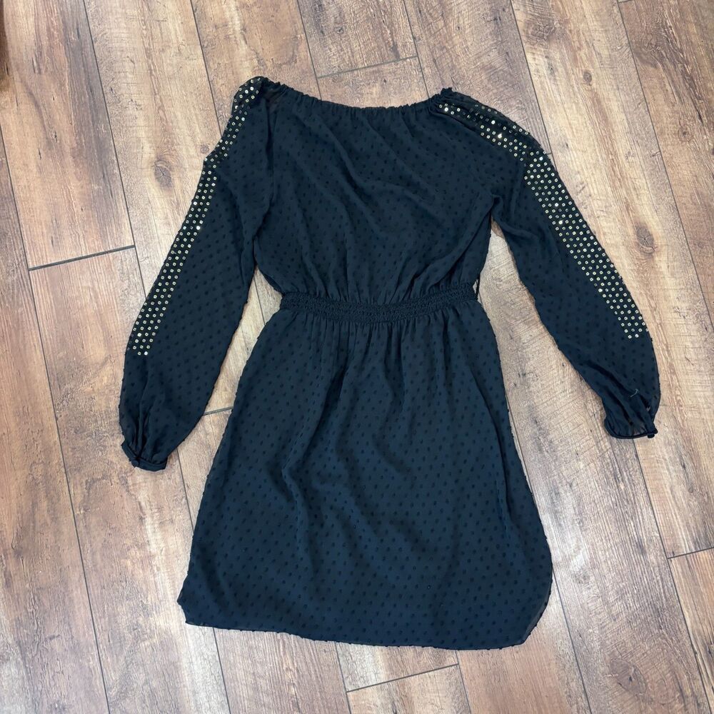 Altuzarra Long Sleeve Boho Beaded Black Sequined Swiss-Dot Chiffon Dress Size 6 - Picture 8 of 8